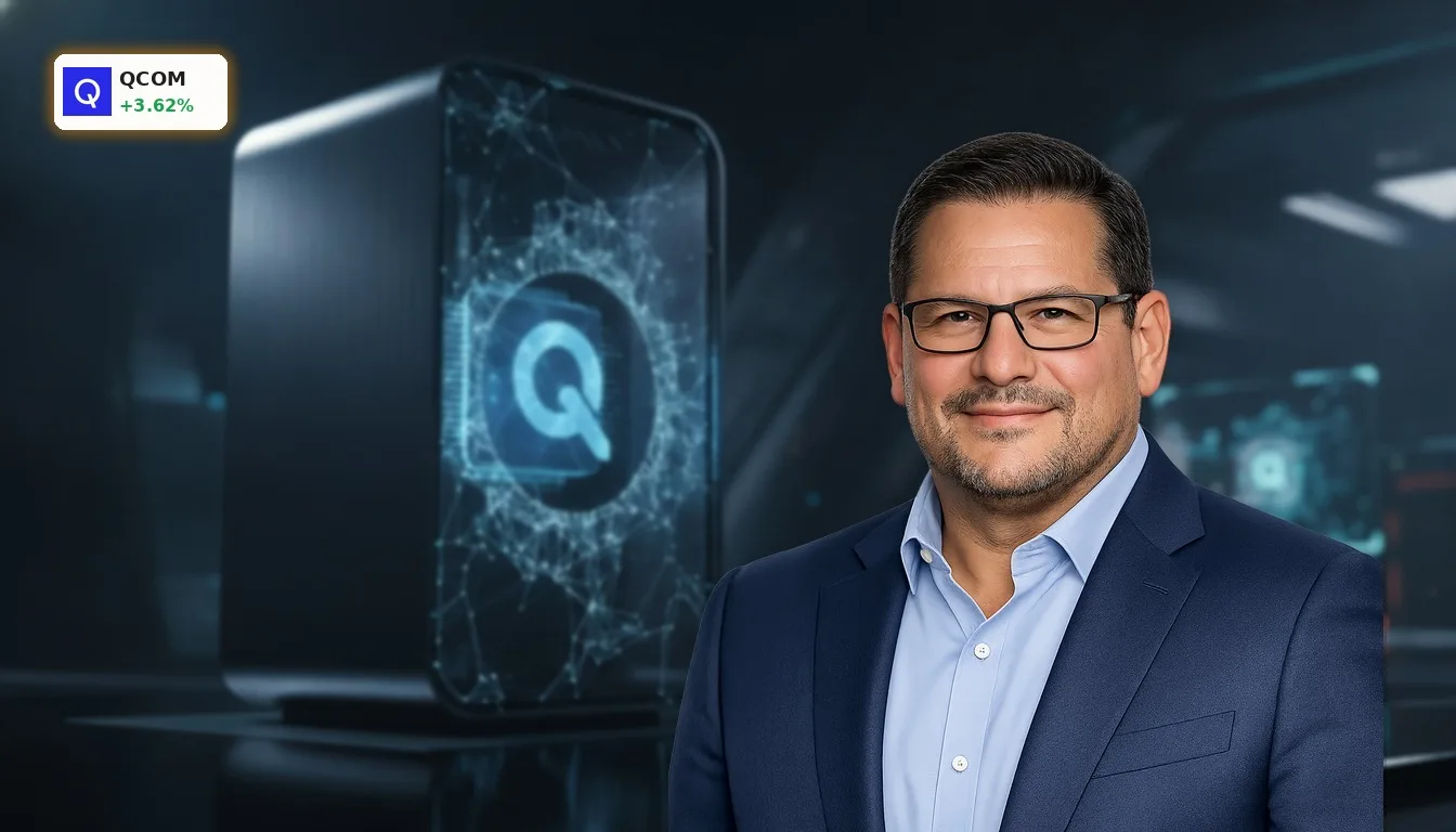 Futuristischer Qualcomm Humain AI PC mit leuchtenden KI-Netzwerkstrukturen auf dunklem High-Tech-Hintergrund.