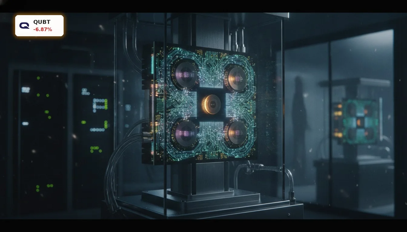 Nahaufnahme eines photonischen Quantum Computing Chips in einer dunklen Laborumgebung, der das Wachstum im Quantum Computing Quartal symbolisiert.