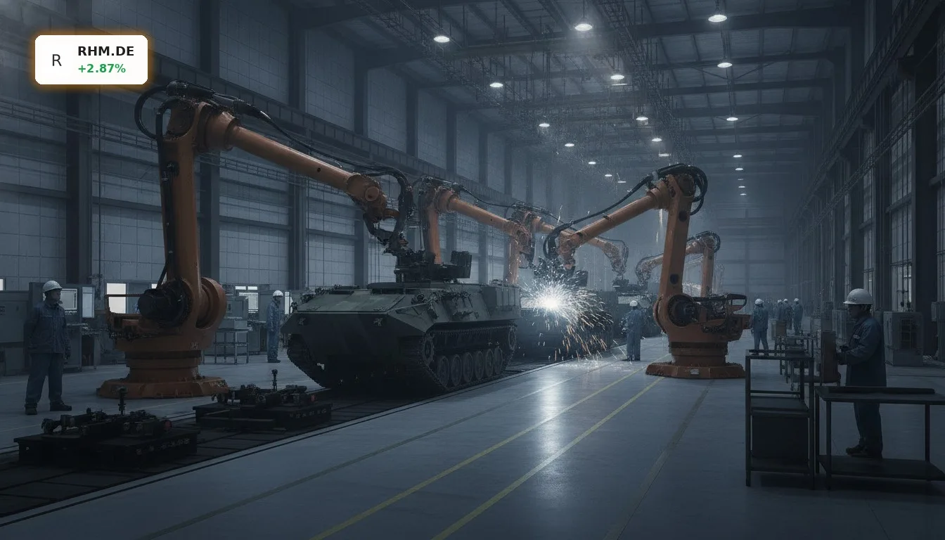 Moderne Fertigungshalle für Militärfahrzeuge, wo Roboterarme Rheinmetall Ausbau und Produktion vorantreiben.