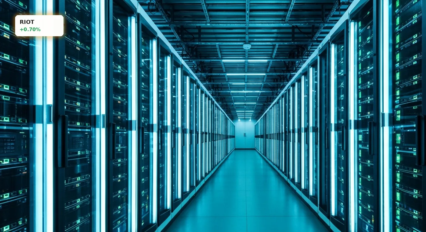 Futuristisches Rechenzentrum mit leuchtenden Server-Racks für KI-Infrastruktur, symbolisiert den Riot Platforms Anthropic Deal.