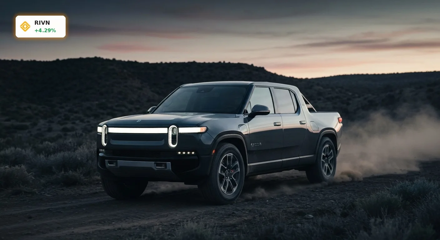 Rivian R1T Elektro-Pickup-Truck fährt bei Sonnenuntergang durch eine raue Landschaft, symbolisiert Wachstum im Rivian Quartal.