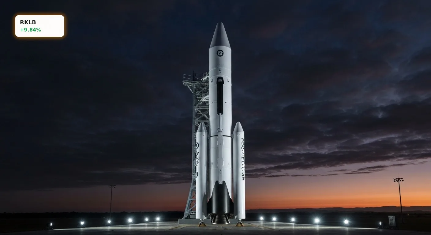 Rocket Lab Quartalszahlen: Aktie explodiert um 9,8% nach Erfolgsserie 6 Rocket Lab Electron Rakete auf Startrampe vor dunklem Himmel, symbolisiert Erfolg der Rocket Lab Quartalszahlen.