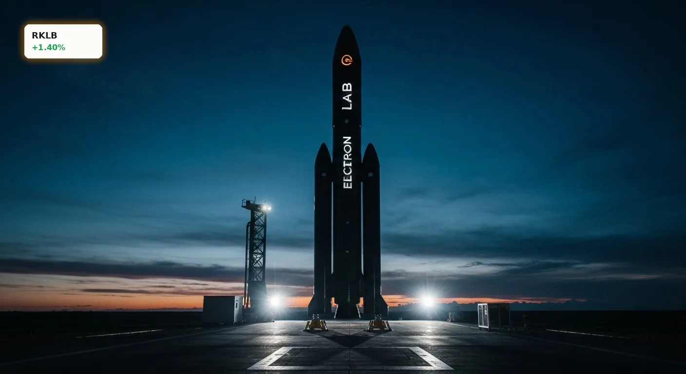 Rocket Lab Quartal: Rekord-Auftragsbestand und starkes Umsatzwachstum 1 Electron Rakete von Rocket Lab auf Startrampe bei Dämmerung, bereit für das Rocket Lab Quartal.