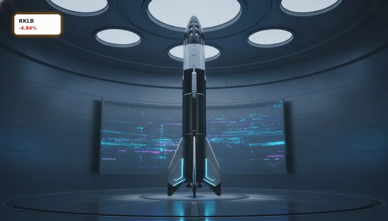 Rocket Lab Neutron: -4.8% Schock nach Verzögerungen beim Erststart 3 Futuristische Rocket Lab Neutron Rakete in einem hochmodernen Studio, bereit für den Start.