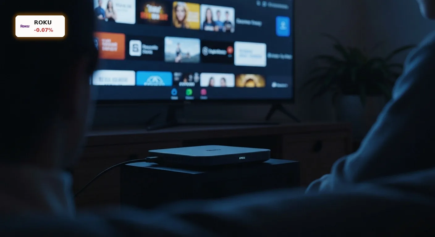 Roku Streaming-Gerät angeschlossen an einen Fernseher mit Streaming-Interface, symbolisiert die starken Roku Quartalszahlen.