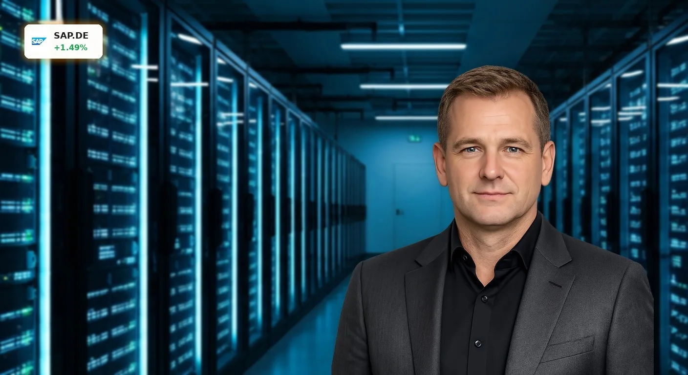 Modernes Rechenzentrum mit leuchtenden Server-Racks, symbolisiert die Infrastruktur hinter dem SAP Aktienrückkauf und Cloud-Wachstum.
