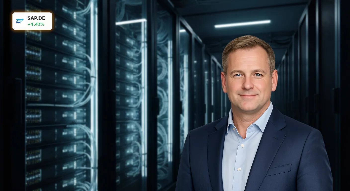 SAP Kursentwicklung: +4,4% am Freitag – Was treibt den Software-Riesen? 3 Modernes Rechenzentrum mit leuchtenden Server-Racks, symbolisierend die dynamische SAP Kursentwicklung im Tech-Sektor.