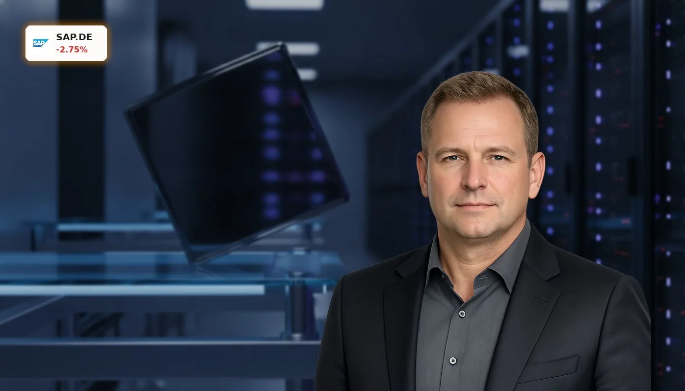 SAP Herabstufung: UBS-Downgrade und KI-Sorgen belasten Aktie 3 Dunkler Metallblock fällt von einer beleuchteten Plattform in einem Rechenzentrum, symbolisiert die SAP Herabstufung.