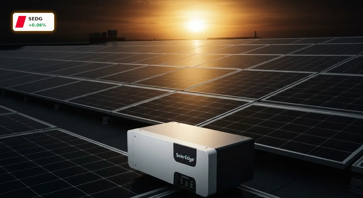 Moderne Solarmodule und ein SolarEdge Wechselrichter auf einem Dach bei Sonnenuntergang, symbolisch für SolarEdge Quartalszahlen.