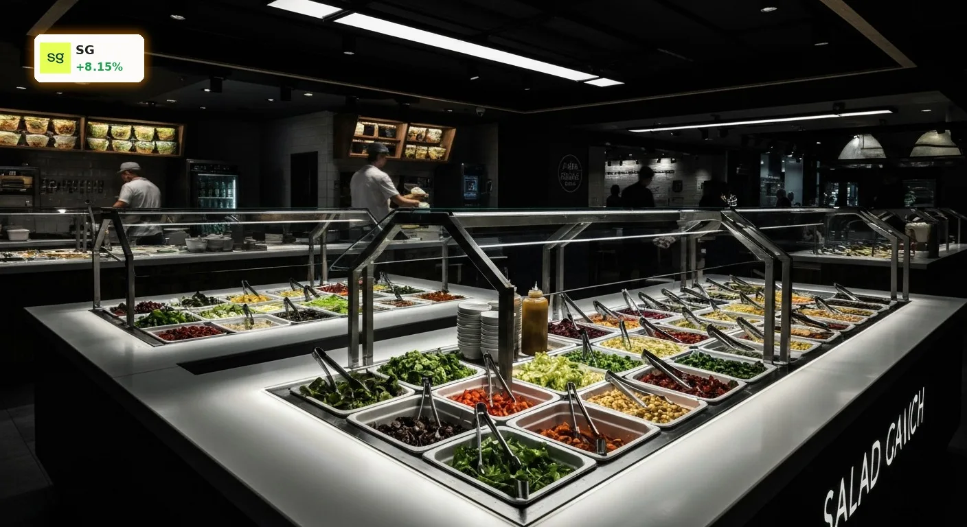 Sweetgreen Prognose: +8,1% Rallye trotz gesenkter Jahresziele 3 Modernes Sweetgreen Restaurant mit frischen Salatzutaten an der Theke. Die Sweetgreen Prognose ist unsicher.