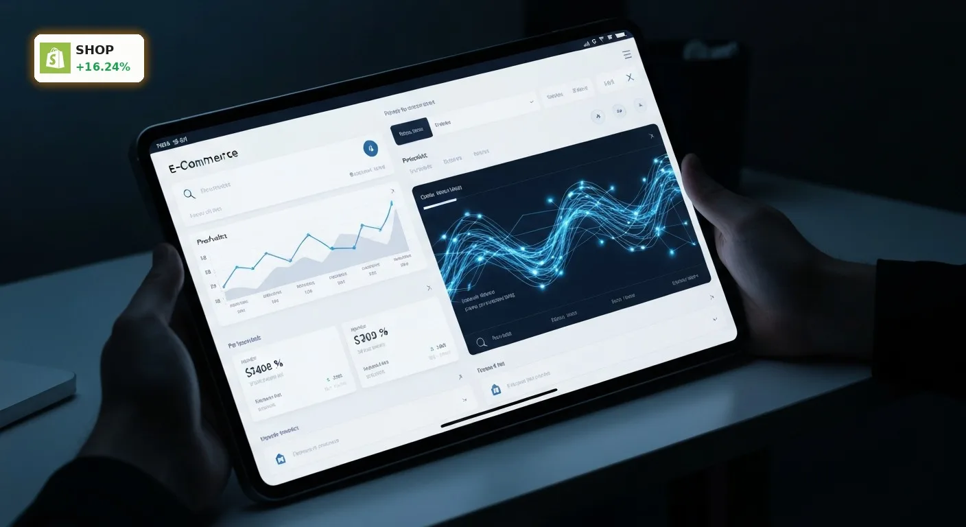 Modernes Tablet zeigt Shopify E-Commerce-Dashboard mit KI-Analysen, symbolisiert starkes Shopify Quartal.
