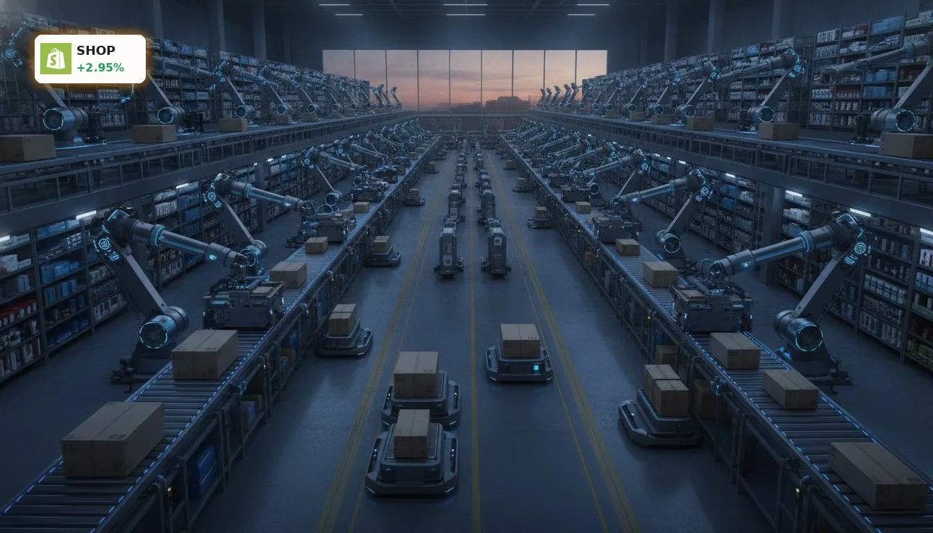 Futuristisches E-Commerce-Fulfillment-Center mit Roboterarmen, die Pakete sortieren, symbolisiert Shopify Wachstumsprognose.