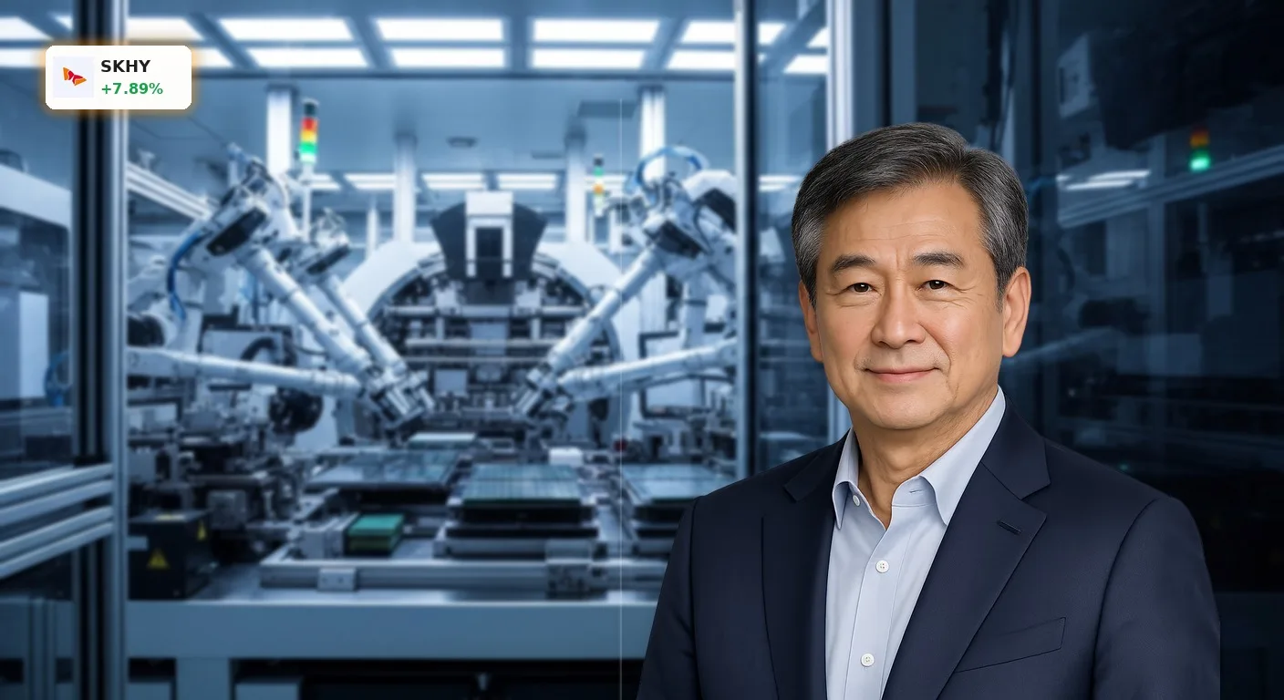 SK Hynix Analyse: Aktie steigt 7.9% – 100% Kurspotenzial laut Analysten 3 Moderne Chipfertigung in einem Reinraum, mit Robotern, die Wafer bearbeiten, symbolisiert die SK Hynix Analyse.