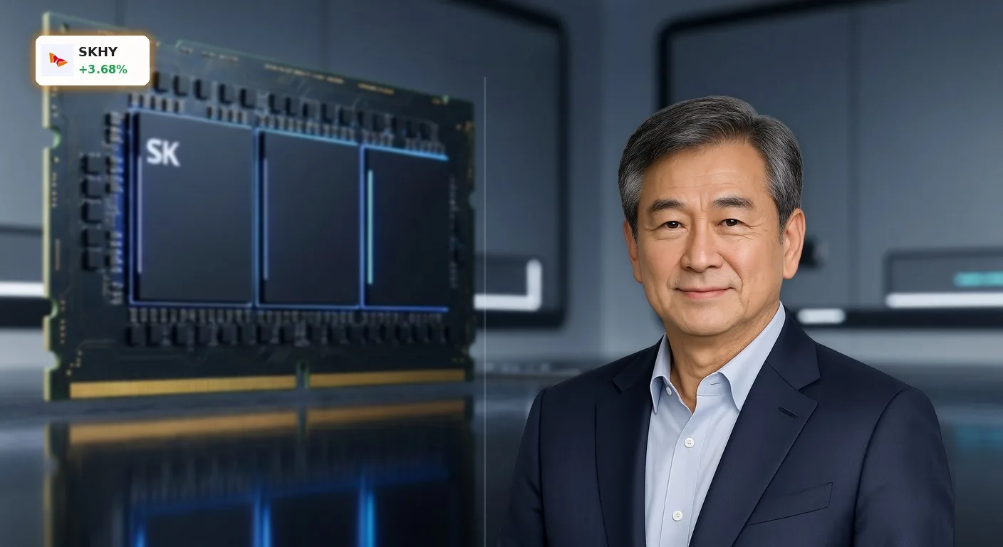 Detailaufnahme eines hochmodernen SK Hynix Speicherchips, beleuchtet mit futuristischem Glanz in einem Reinraum.