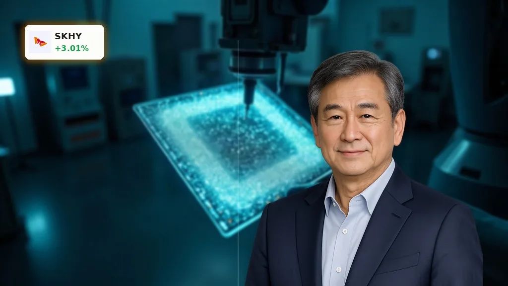 Detailaufnahme eines leuchtenden Silizium-Wafers, gehalten von einem Roboterarm, symbolisiert den SK Hynix Aktienrückkauf.