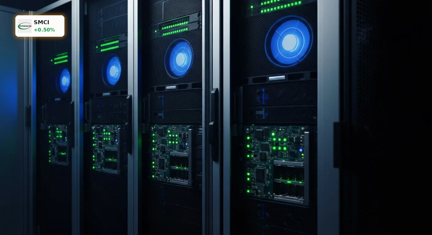 Hochleistungs-Serverracks in einem modernen Rechenzentrum, symbolisierend Super Micro Computer Quartalszahlen und KI-Infrastruktur.