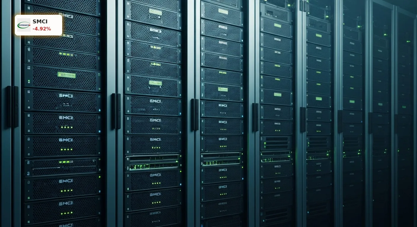 High-Tech-Server-Racks in einem dunklen Rechenzentrum, beleuchtet mit blauen Lichtern, symbolisieren Super Micro Computer Quartalszahlen.