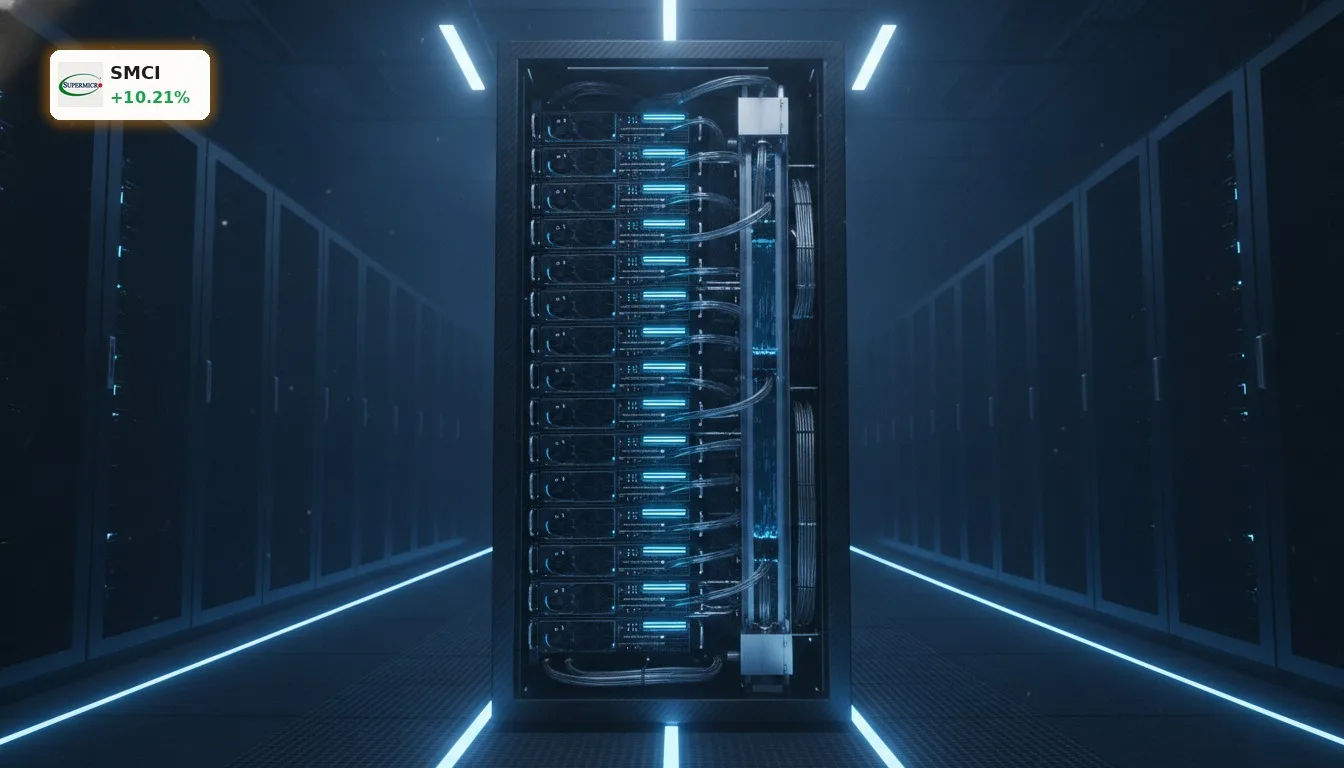 High-performance KI-Server-Rack mit Kühlung, symbolisiert die Super Micro Computer Partnerschaft und Technologie.