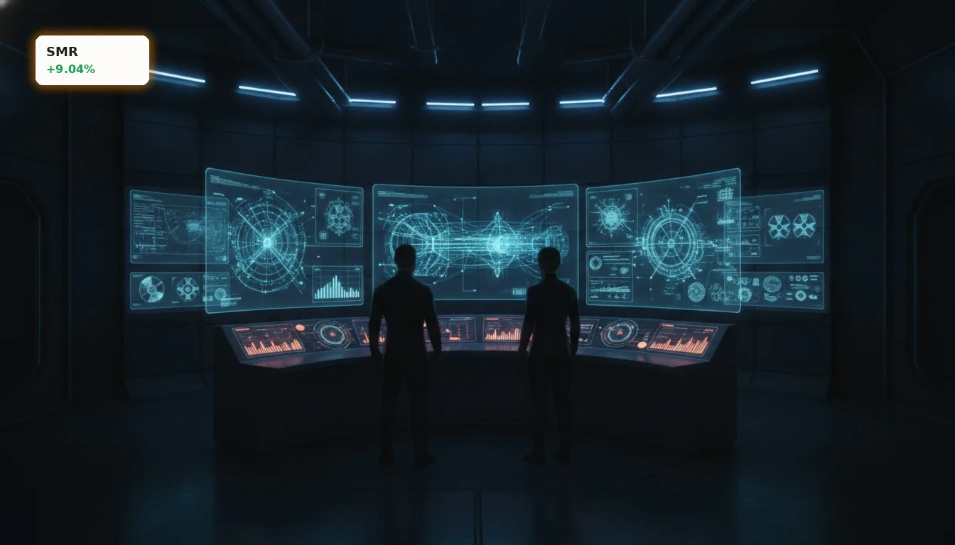 Futuristischer Kontrollraum mit KI-gestützten Hologramm-Displays zur Effizienzsteigerung bei NuScale Power KI.