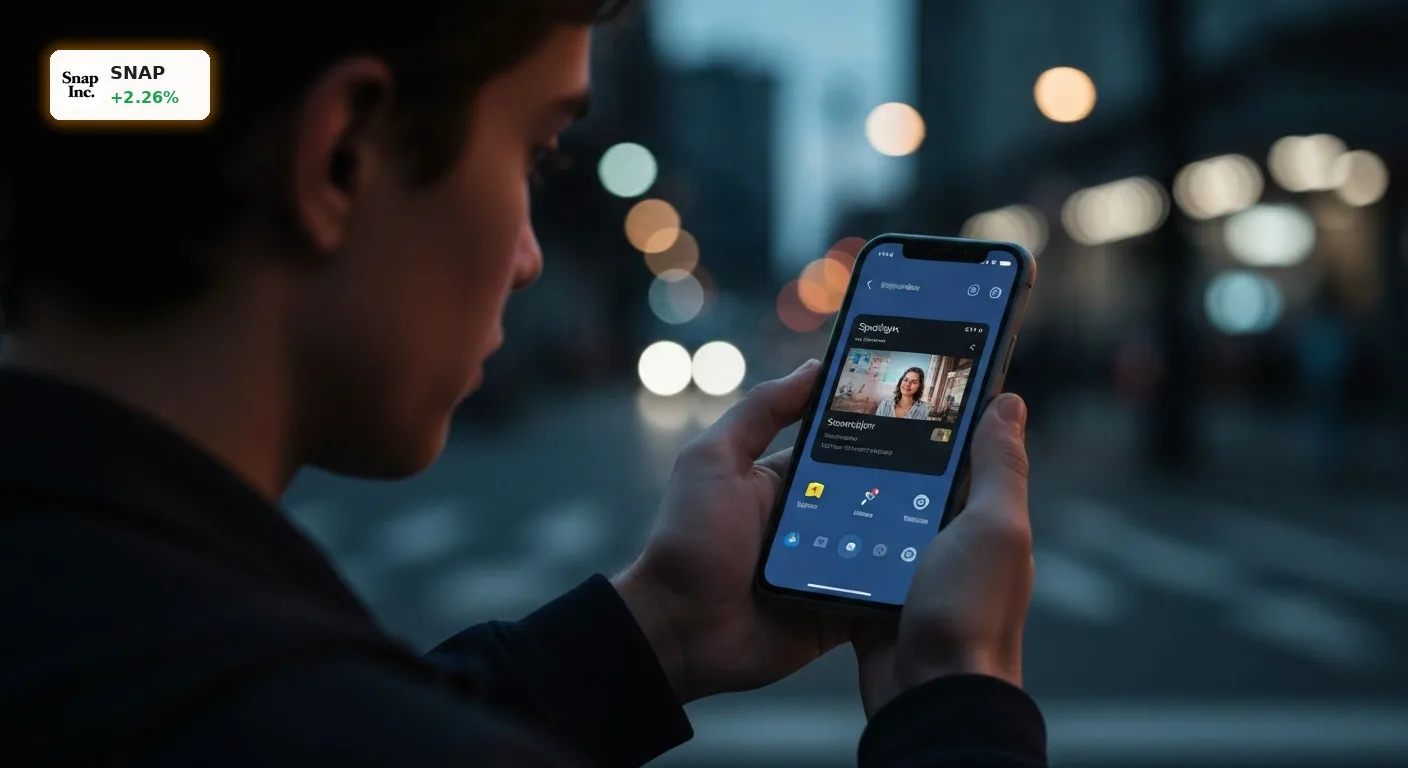 Anonymer Nutzer hält Smartphone mit Snapchat-App, dynamisches Interface zeigt AR-Filter. Snap Quartalszahlen.