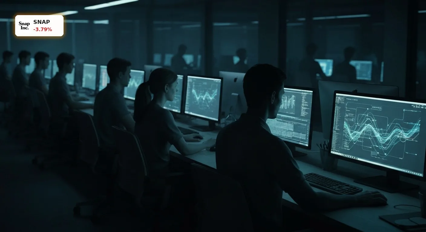 Snap Insiderverkäufe: CTO verkauft Millionen – Aktie fällt um 3,8% 4 Dunkles Tech-Büro bei Nacht, Bildschirme leuchten, Silhouette von Mitarbeitern. Symbolisiert Druck und Snap Insiderverkäufe.