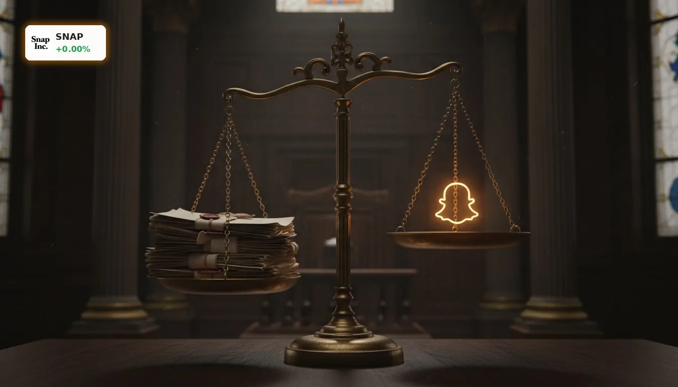 Antike Waage der Gerechtigkeit mit Rechtsdokumenten auf einer Seite und einem Social-Media-App-Symbol auf der anderen, symbolisiert Snap Klage.