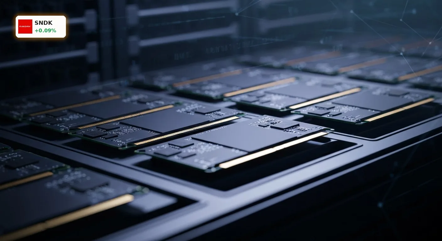 SanDisk Quartal: 370% Umsatz-Boom – Einstiegschance oder Hype? 2 Nahaufnahme von modernen NAND-Flash-Speicherchips in einem Rechenzentrumsserver, die den SanDisk Quartal Erfolg symbolisieren.