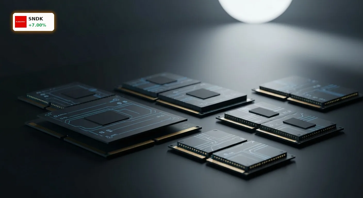 Nahaufnahme von hochleistungsfähigen NAND-Flash-Speicherchips und DRAM-Modulen, die die Sandisk Prognose für KI-Speicher untermauern.