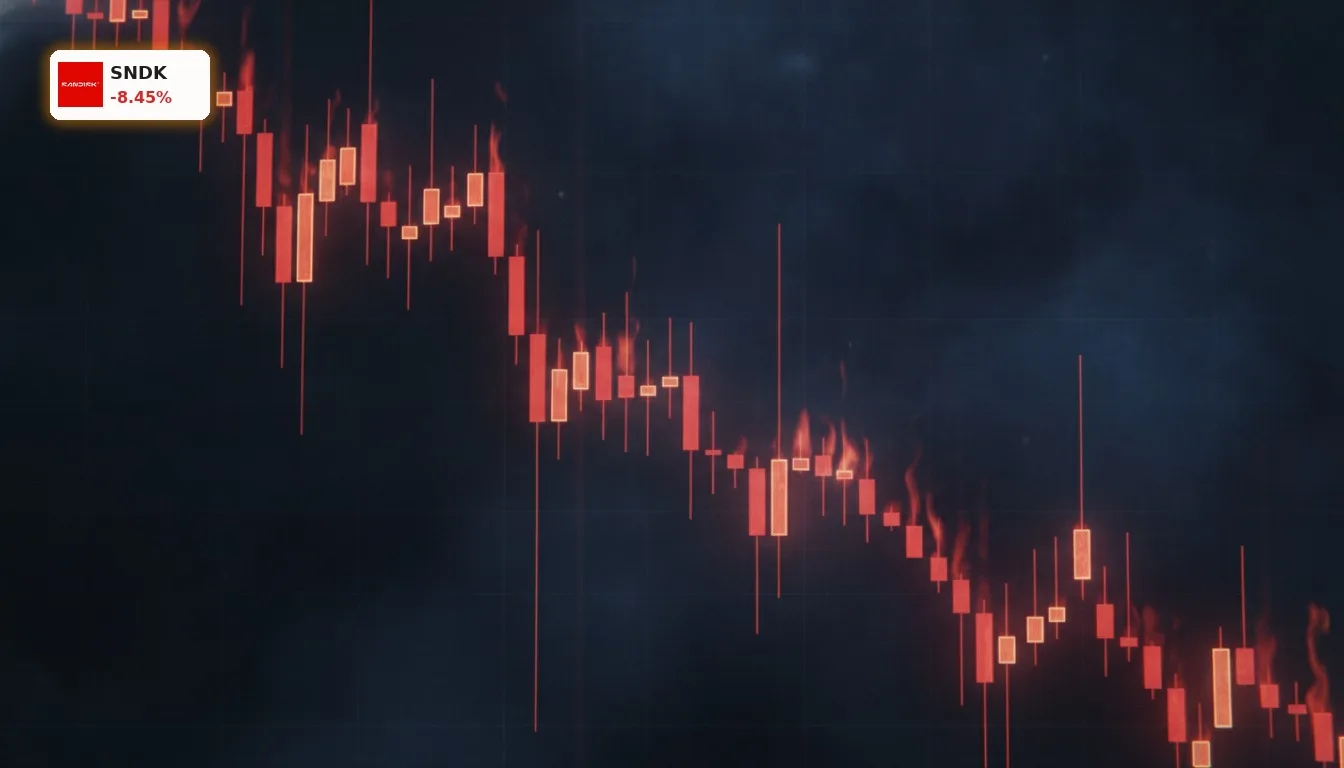 Stilisierter roter Candlestick-Chart, der einen starken SanDisk Kursrückgang symbolisiert.