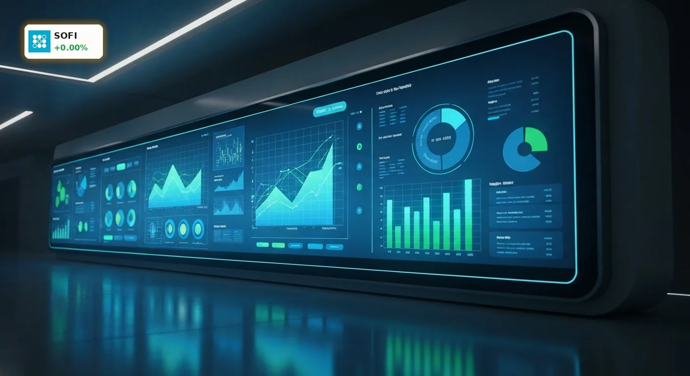 Modernes digitales Finanz-Dashboard mit Wachstumsgrafiken, symbolisiert das starke SoFi Technologies Quartal.