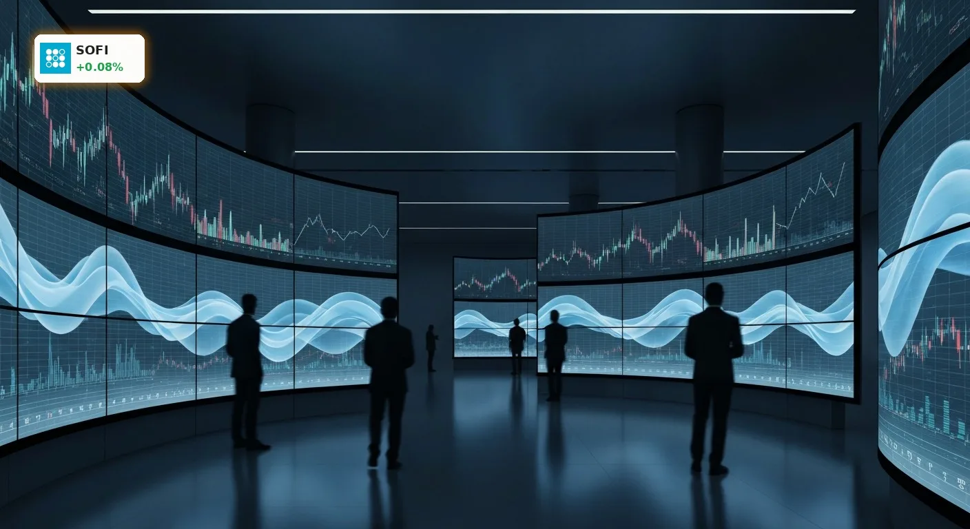 SoFi Technologies Kursziel: Analysten sehen Potenzial trotz Konsolidierung 1 Futuristischer Handelsraum mit digitalen Anzeigen visualisiert SoFi Technologies Kursziel Potenzial.