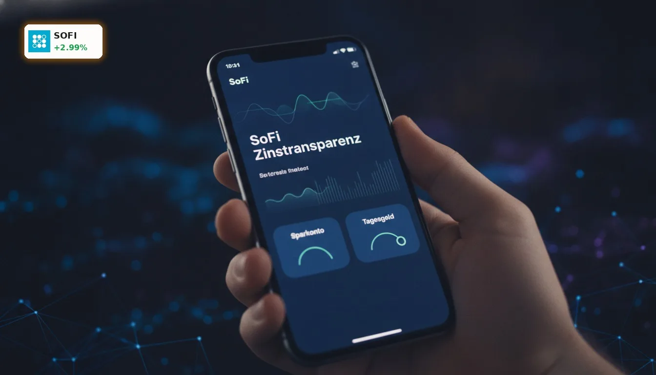 Smartphone-Bildschirm mit der SoFi App und Zinsinformationen, symbolisiert SoFi Zinstransparenz und digitale Finanzdienstleistungen.
