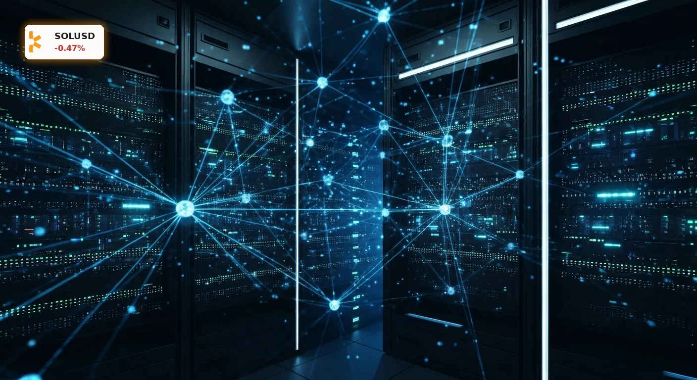 Solana Gebührenreform: Deflation in Sicht und 3000% höhere Kosten für Bots 4 Futuristisches Blockchain-Netzwerk mit pulsierenden Datenströmen visualisiert die Solana Gebührenreform.