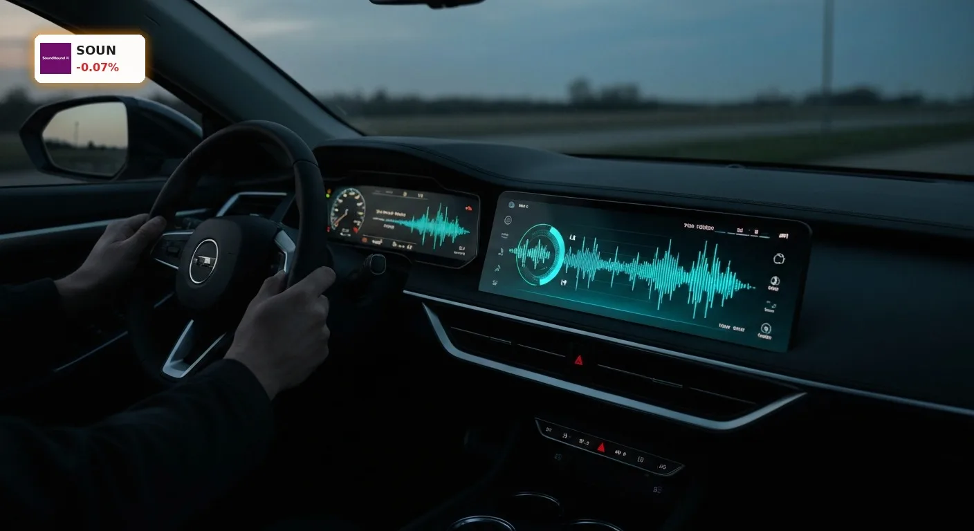 Futuristisches Auto-Interieur bei Dämmerung, integrierte KI-Sprachsteuerung auf dem Armaturenbrett. SoundHound AI Quartal.