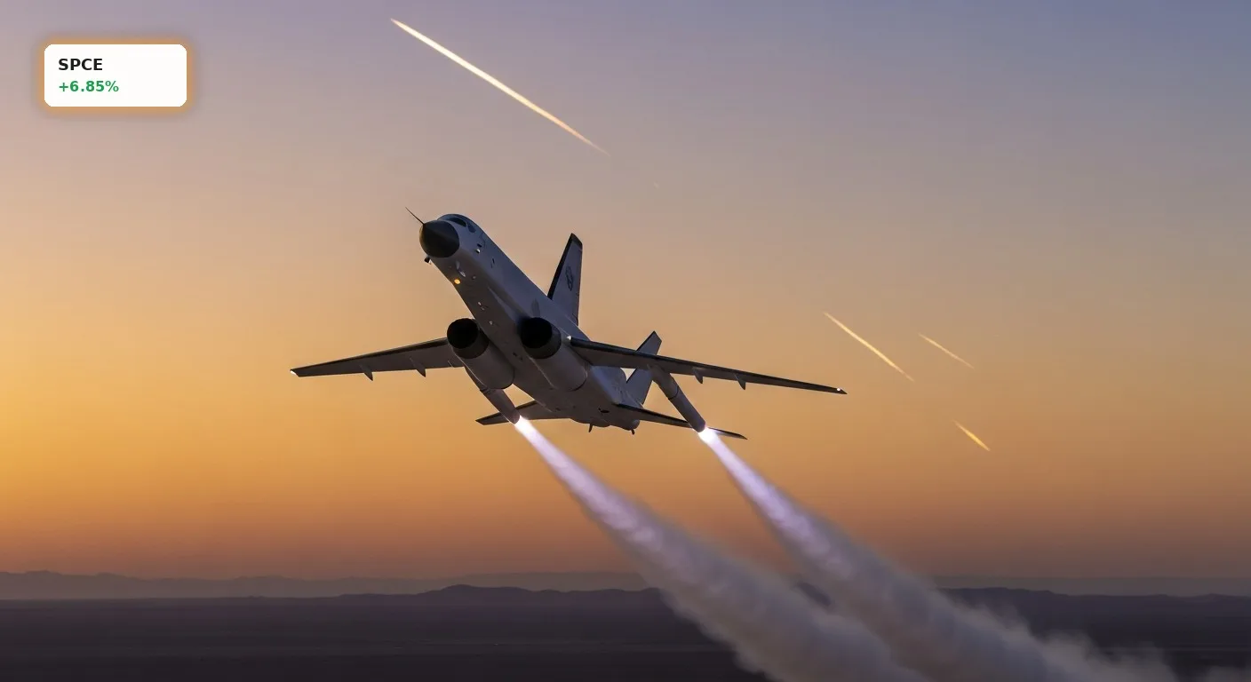 Virgin Galactic Start: +6.8% Rallye trotz erneuter Verzögerung bis 2027 4 Virgin Galactic Start: Futuristische Delta-Klasse-Raumschiff-Rakete steigt vom Wüsten-Weltraumbahnhof auf.