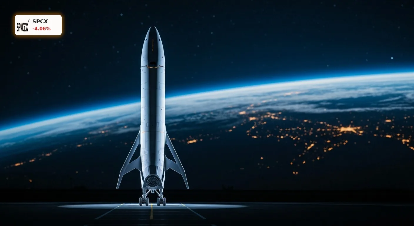 SpaceX Quartalszahlen: -4% Crash vor Lockup-Frist und IPO-Nachwehen 1 Futuristisches SpaceX Starship auf einer Startrampe vor der Erde, symbolisiert die SpaceX Quartalszahlen und Zukunftspläne.