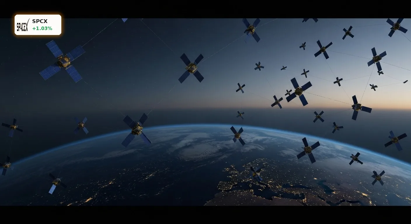 Ein dichtes Netzwerk von Starlink-Satelliten im Orbit um die Erde, beleuchtet vor dem Hintergrund der Dämmerung, symbolisiert SpaceX Quartalszahlen und massive KI-Investitionen.