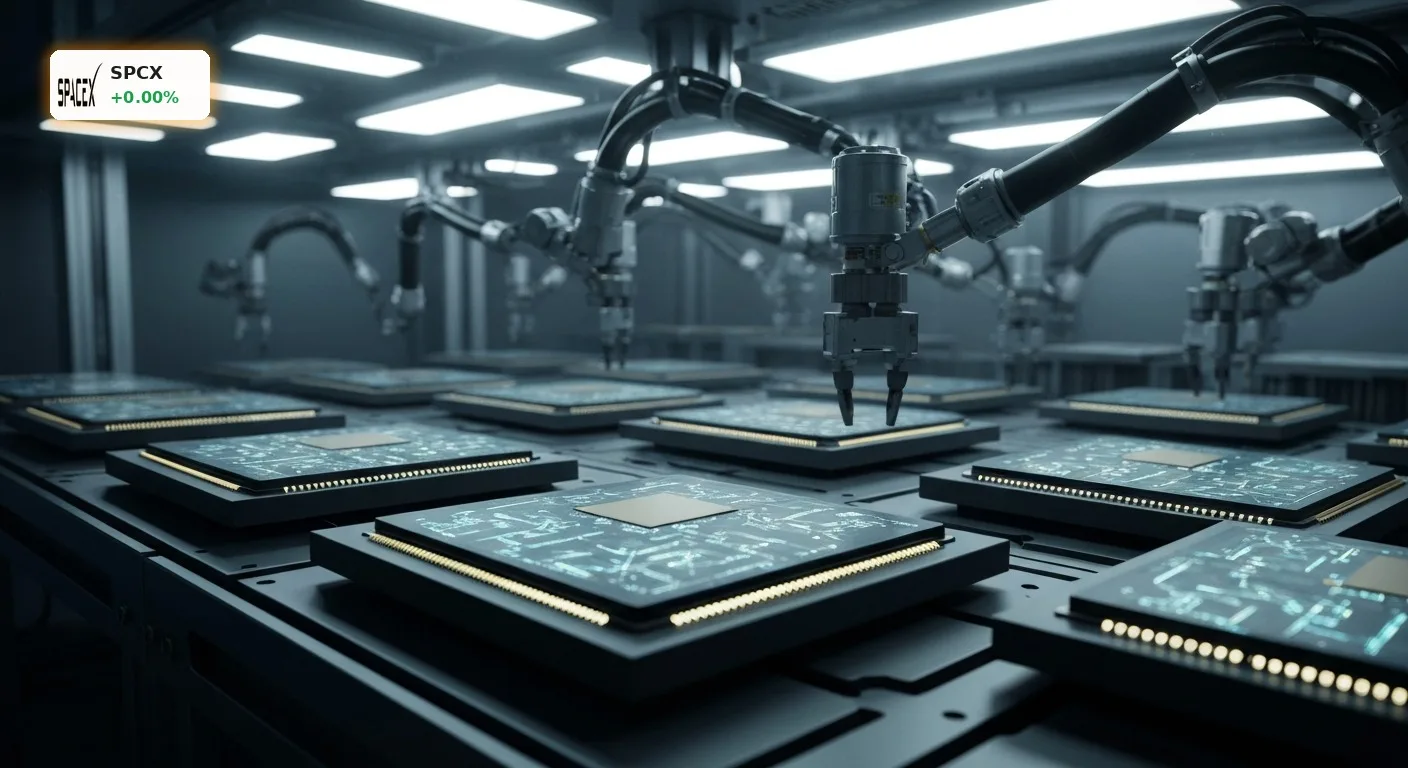 Roboterarme fertigen fortschrittliche Mikrochips für Weltraumanwendungen in einem Reinraum, im Kontext des SpaceX Lockup.