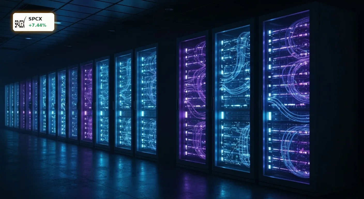 SpaceX KI: Musks 100-Milliarden-Dollar-Wette boomt um 7,4% 3 Futuristischer Serverraum mit leuchtenden AI-Server-Racks, symbolisiert die Infrastruktur von SpaceX KI.