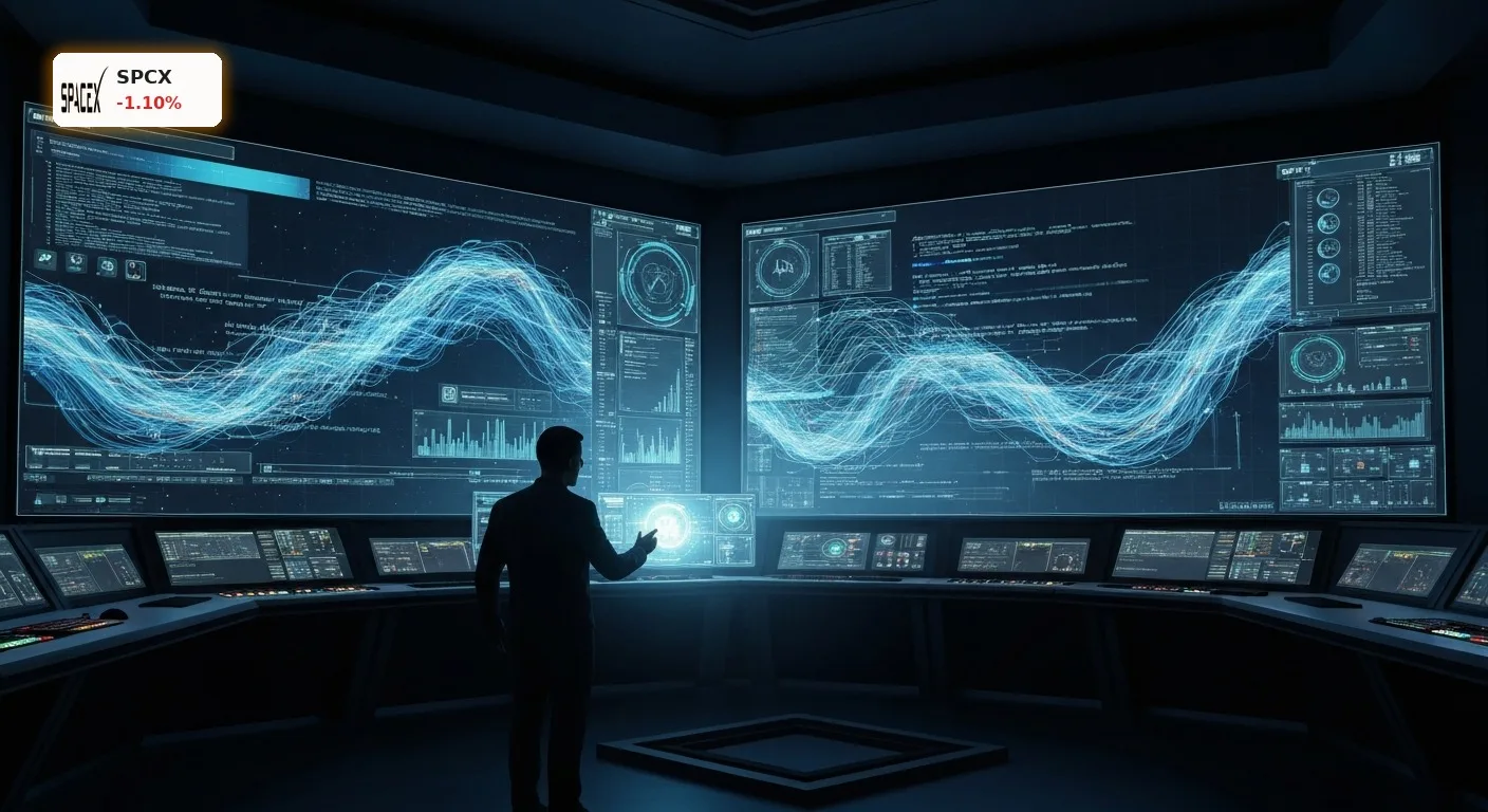 SpaceX Wochenrückblick: 60-Mrd.-Cursor-Deal und Starlink-Boom treiben die Aktie 4 Futuristisches Kontrollzentrum mit holografischen Anzeigen für SpaceX KI Strategie und Datenanalyse.