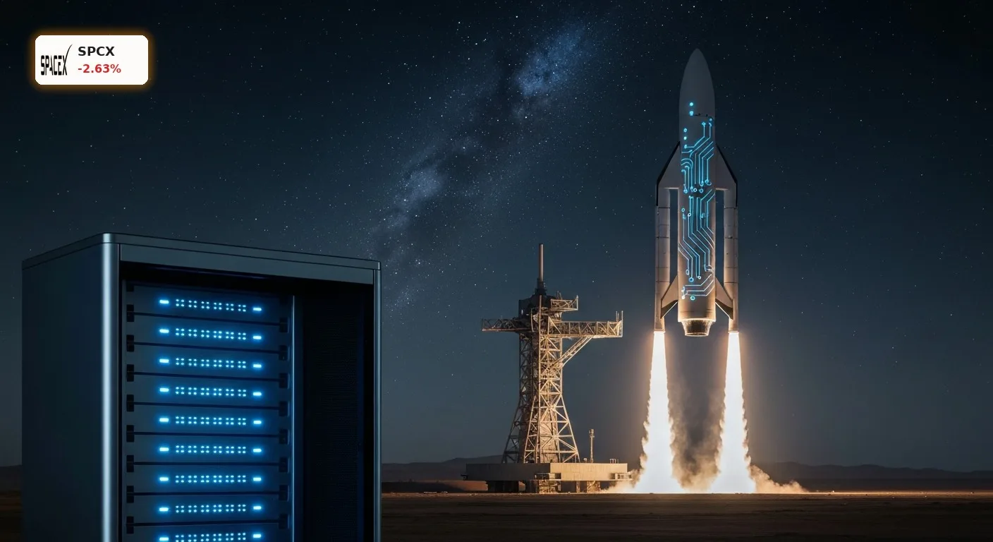 SpaceX KI: -2.6% Kursrutsch trotz Umsatz-Boom – Was Anleger wissen müssen 16 Futuristisches SpaceX Starship mit integrierten KI-Schaltkreisen beim Start, daneben ein Server-Rack für orbitale SpaceX KI.