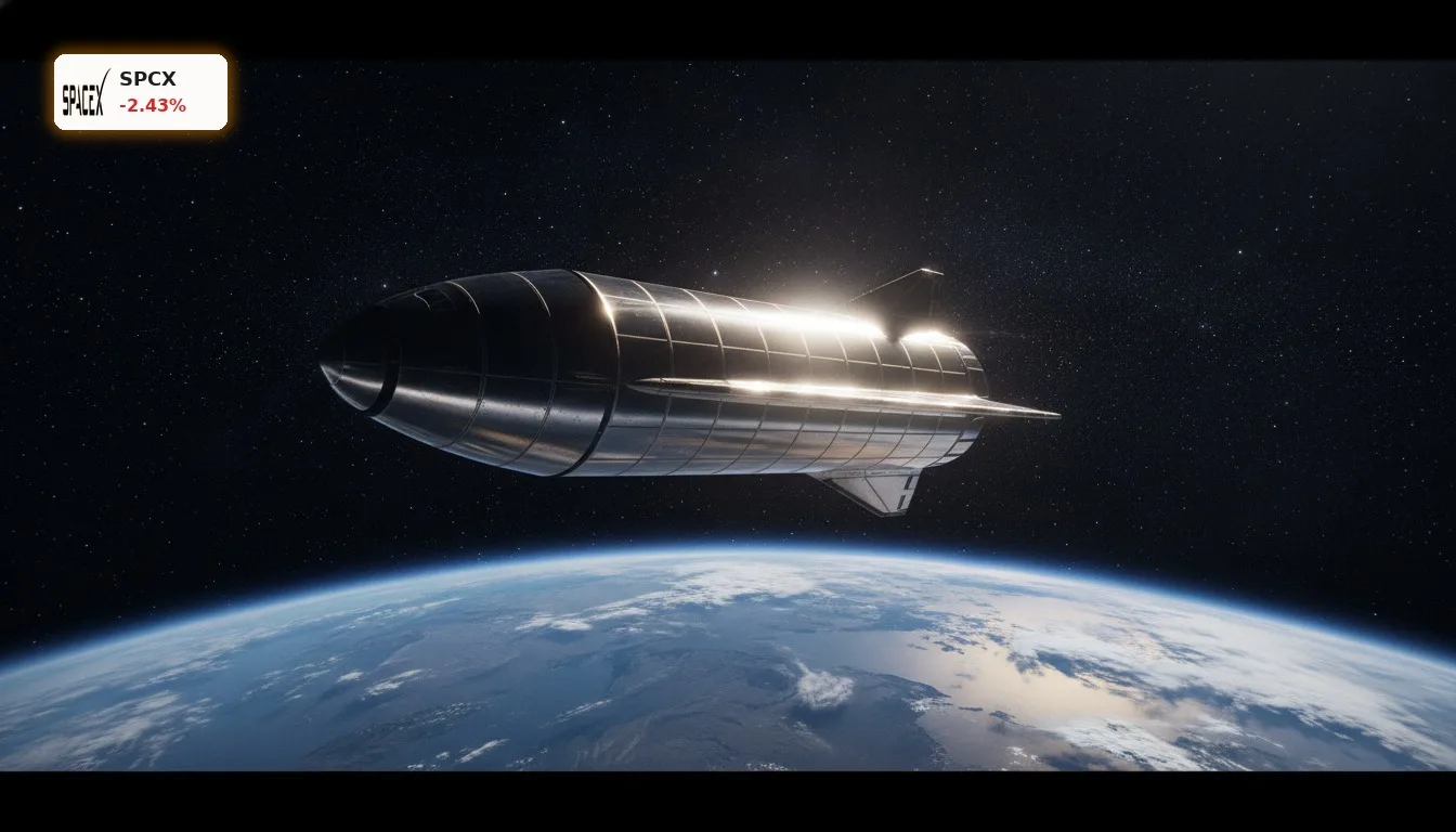 SpaceX Quartal: -2.4% trotz Rekordumsatz – Droht jetzt ein Einbruch? 4 Futuristisches SpaceX Starship-Raumschiff im Erdorbit, beleuchtet von der Sonne, nach einem erfolgreichen SpaceX Quartal.