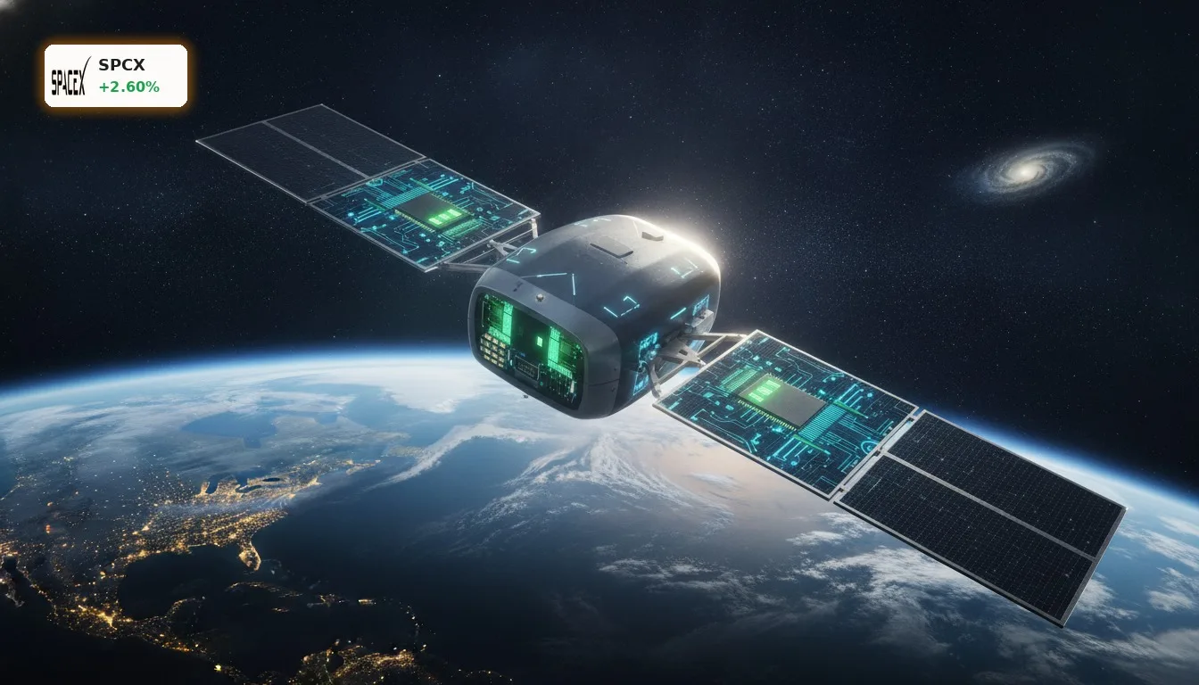 Futuristischer SpaceX-Satellit in der Erdumlaufbahn, angetrieben von NVIDIA KI-Chips, der die SpaceX KI Strategie symbolisiert.