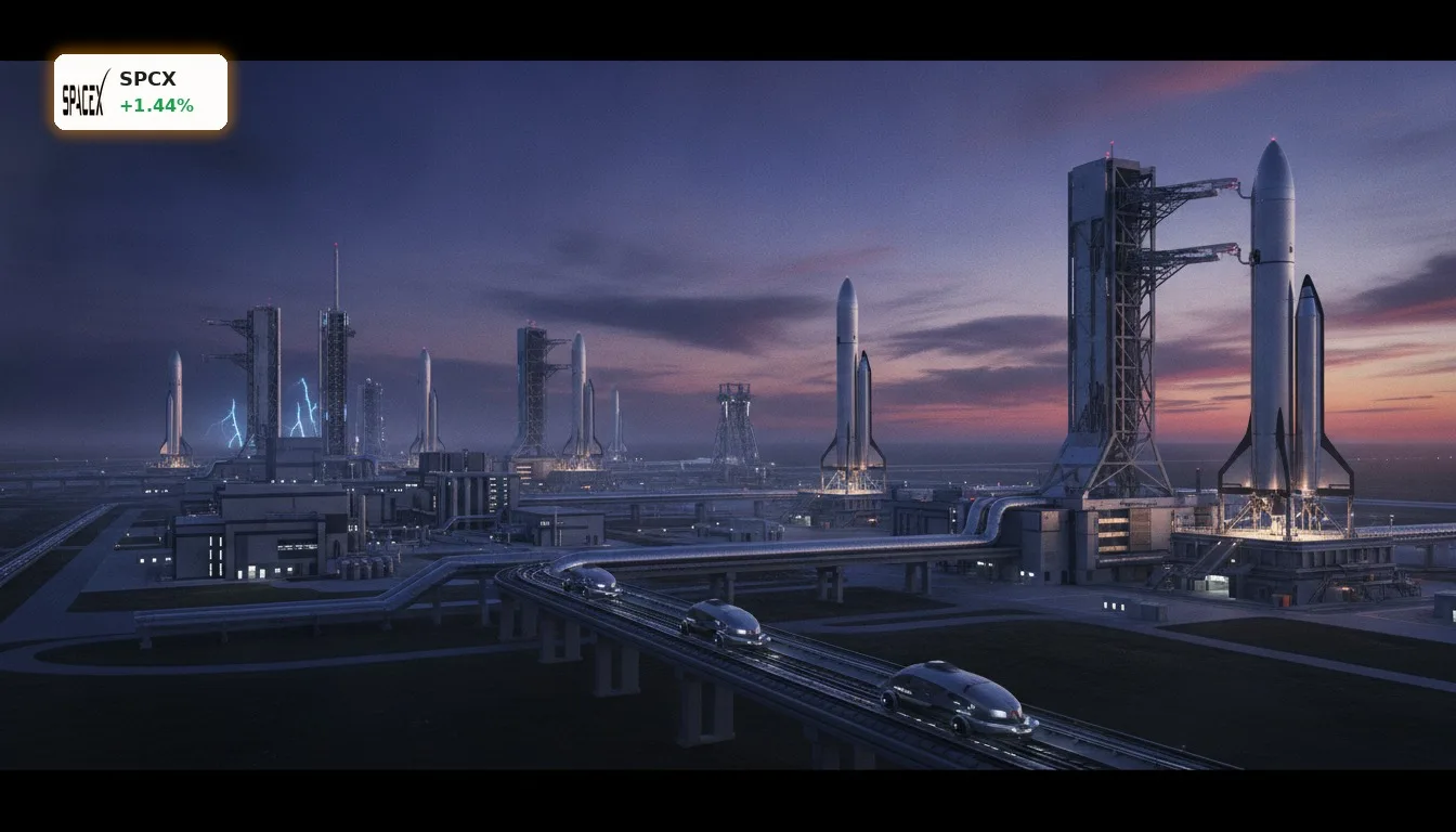 SpaceX Louisiana: 100 Mrd. Investition und KI-Partnerschaft mit NVIDIA 4 Futuristische SpaceX Starbase in Louisiana bei Sonnenuntergang, mit mehreren Starship-Raketen auf Startrampen.
