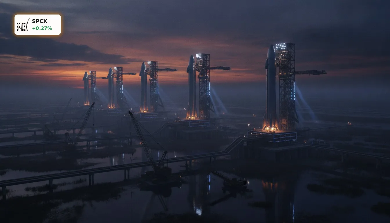 SpaceX Louisiana: 100 Mrd. Investment und KI-Boom treiben das Unternehmen voran 3 Futuristischer SpaceX Starbase-Raketenstartkomplex in Louisiana bei Dämmerung, mit Startrampen und Baukränen.