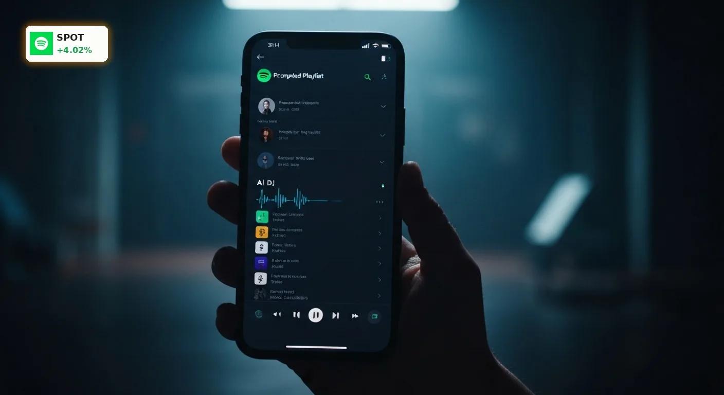Spotify Quartalszahlen: +4% nach Rekordgewinn – Analysten sehen Potenzial 5 Smartphone zeigt Spotify-App mit KI-Playlist und AI DJ-Funktion, symbolisiert Spotify Quartalszahlen und Innovation.