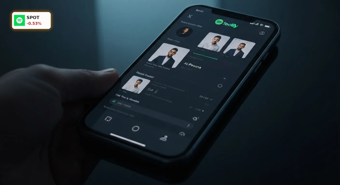 Spotify App auf Smartphone mit 'AI Persona' Kennzeichnung für Spotify KI Künstler.
