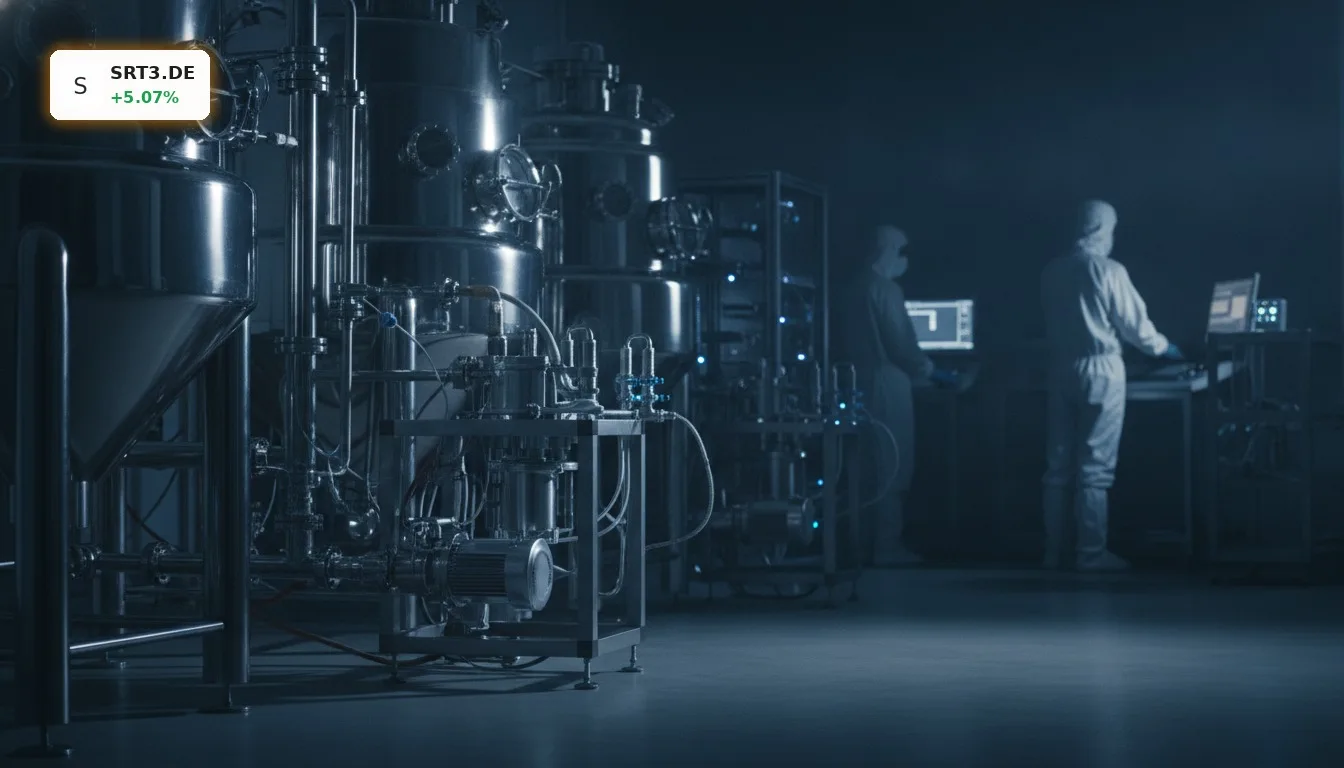 Hochmodernes Biopharma-Labor mit Bioreaktoren für die Medikamentenherstellung, relevant für Sartorius Analyse.