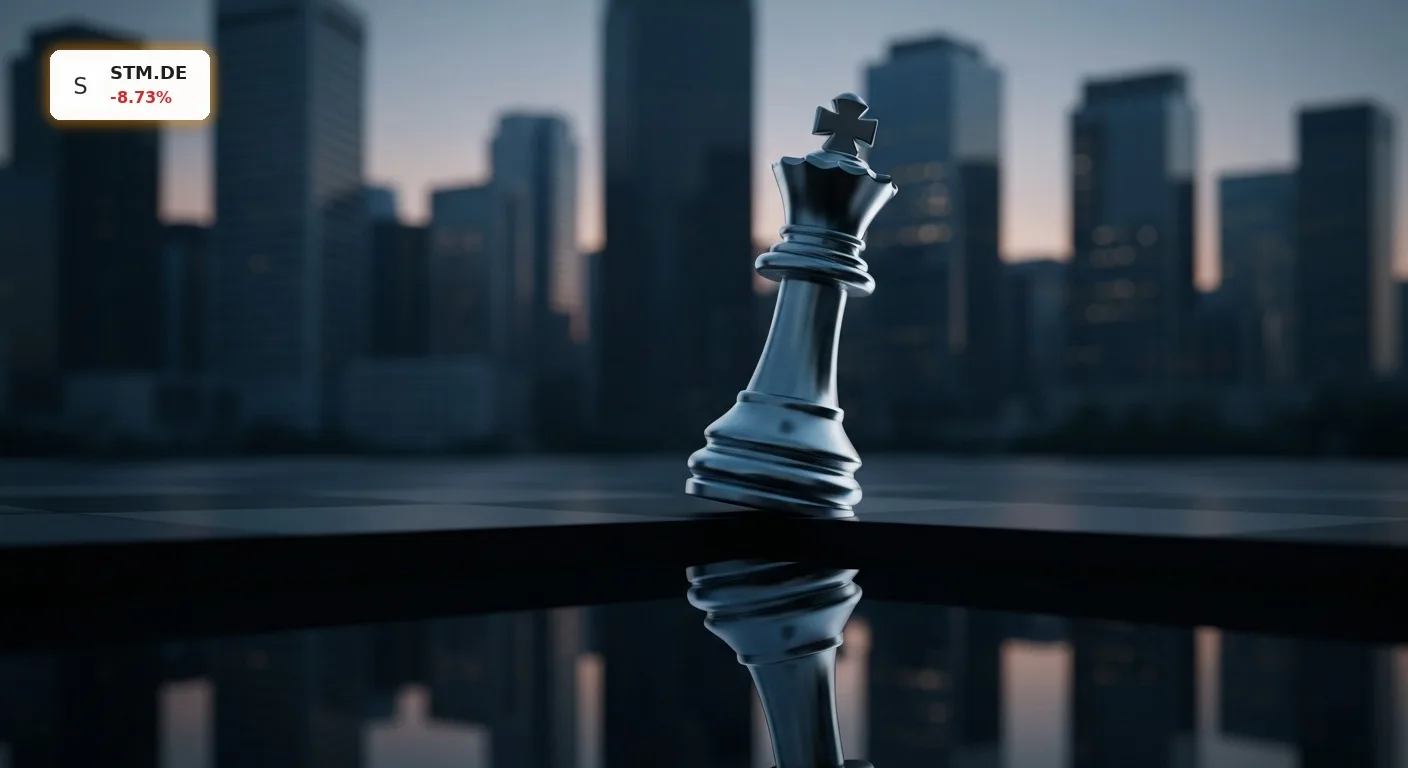 Abstrakte Metapher für Führungskrise: Eine einzelne, kippende Schachfigur vor dunkler Skyline symbolisiert die Unsicherheit nach dem Stabilus CFO Abgang.
