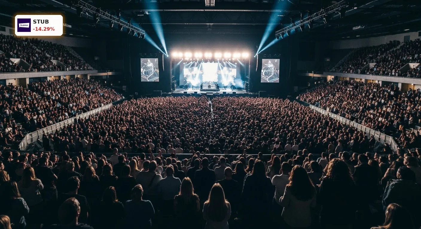 StubHub Quartalszahlen: Rekordumsatz, aber -14% Gewinn-Schock 5 Ein riesiges, ausverkauftes Konzertstadion bei Nacht, gefüllt mit einer jubelnden Menschenmenge, die eine Live-Veranstaltung genießt. StubHub Quartalszahlen.